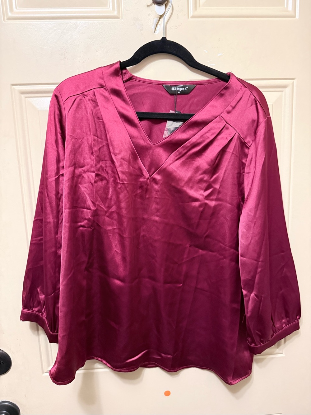 Allegra K Satin V-Neck Pullover Blouse in Burgundy Size XL